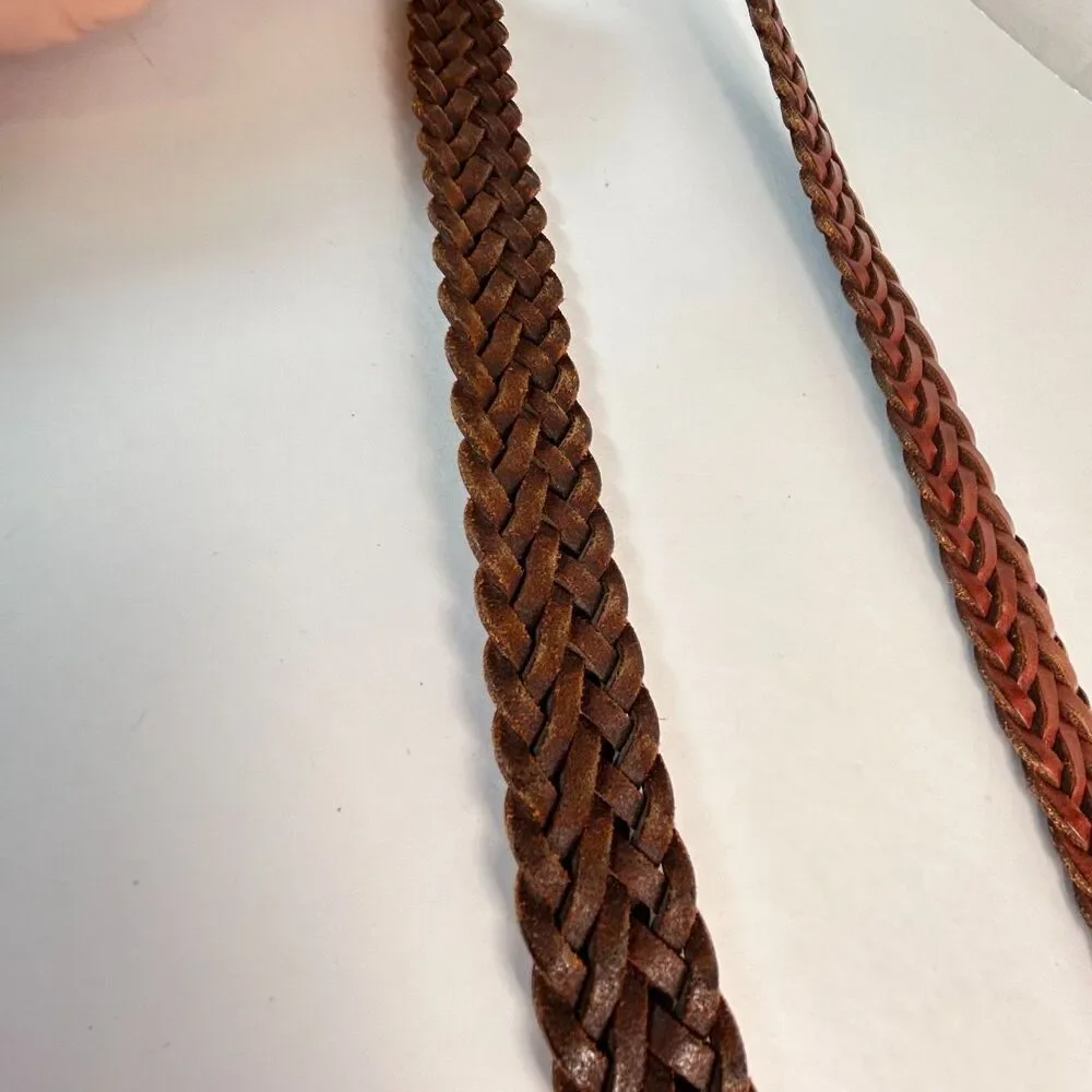 Men's Brown Leather Braided Woven Solid Brass Buckle Vintage Belt Size 38